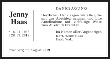 Traueranzeige von Jenny Haas von Wetterauer Zeitung