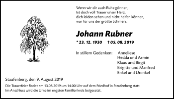 Traueranzeige von Johann Rubner von Giessener Allgemeine, Alsfelder Allgemeine
