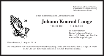 Traueranzeige von Johann Konrad Lange von Giessener Allgemeine, Alsfelder Allgemeine