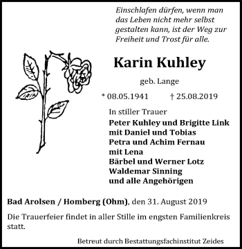 Traueranzeige von Karin Kuhley von Giessener Allgemeine, Alsfelder Allgemeine