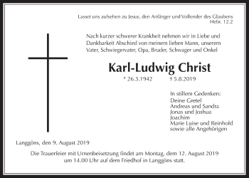 Traueranzeige von Karl-Ludwig Christ von Giessener Allgemeine, Alsfelder Allgemeine
