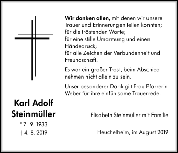 Traueranzeige von Karl Adolf Steinmüller von Giessener Allgemeine, Alsfelder Allgemeine
