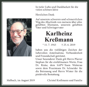 Traueranzeige von Karlheinz Kreßmann von Wetterauer Zeitung