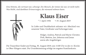 Traueranzeige von Klaus Eiser von Licher Wochenblatt