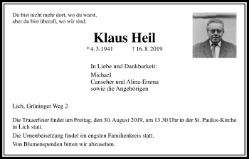 Traueranzeige von Klaus Heil von Licher Wochenblatt