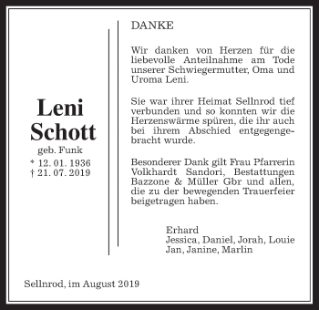Traueranzeige von Leni Schott von Alsfelder Allgemeine, Mücker Stimme