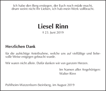 Traueranzeige von Liesel Rinn von Giessener Allgemeine, Alsfelder Allgemeine