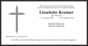 Traueranzeige von Lieselotte Kremer von Wetterauer Zeitung