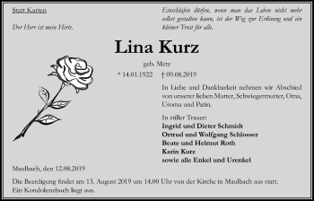 Traueranzeige von Lina Kurz von Alsfelder Allgemeine
