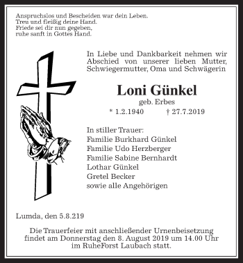 Traueranzeige von Loni Günkel von Giessener Allgemeine, Alsfelder Allgemeine