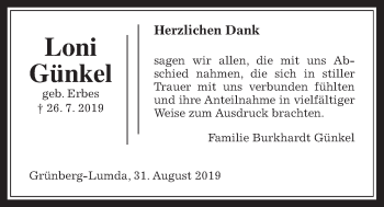 Traueranzeige von Loni Günkel von Giessener Allgemeine, Alsfelder Allgemeine