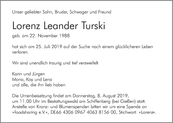 Traueranzeige von Lorenz Leander Turski von Giessener Allgemeine, Alsfelder Allgemeine