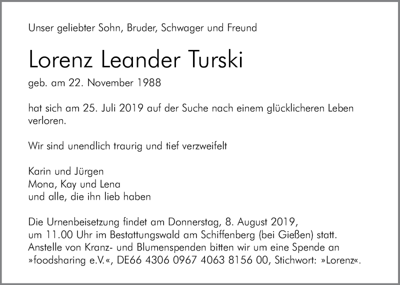  Traueranzeige für Lorenz Leander Turski vom 06.08.2019 aus Giessener Allgemeine, Alsfelder Allgemeine