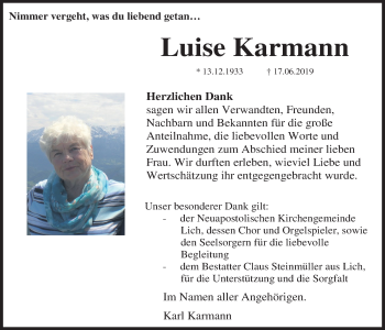 Traueranzeige von Luise Karmann von Licher Wochenblatt