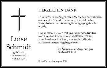 Traueranzeige von Luise Schmidt von Bad Vilbel/Karben