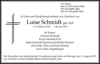 Traueranzeige von Luise Schmidt von Bad Vilbel/Karben