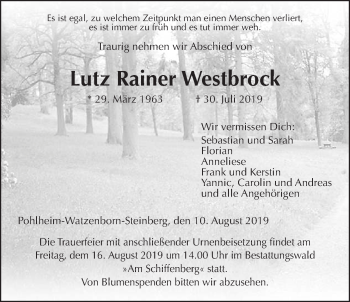 Traueranzeige von Lutz Rainer Westbrock von Giessener Allgemeine, Alsfelder Allgemeine