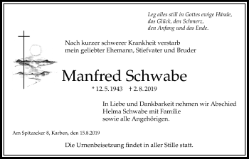 Traueranzeige von Manfred Schwabe von Bad Vilbel/Karben