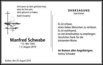Traueranzeige von Manfred Schwabe von Bad Vilbel/Karben