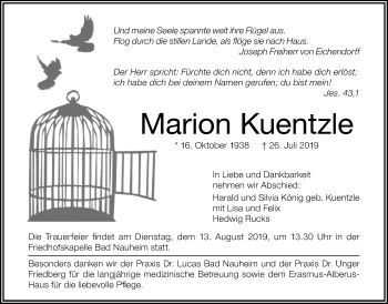 Traueranzeige von Marion Kuentzle von Wetterauer Zeitung