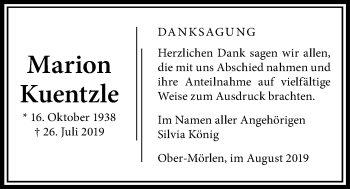 Traueranzeige von Marion Kuentzle von Wetterauer Zeitung