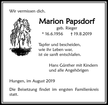 Traueranzeige von Marion Papsdorf von Licher Wochenblatt
