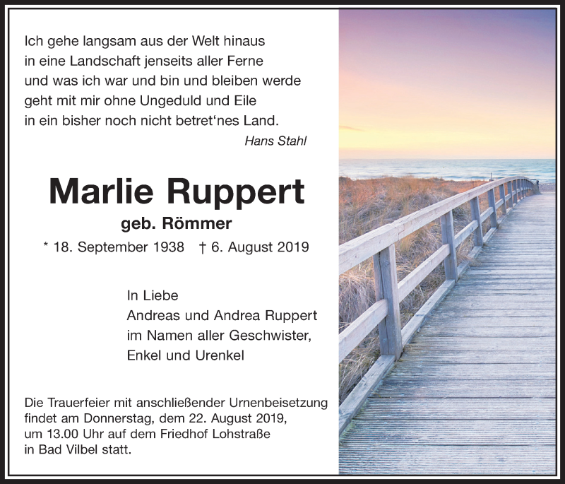  Traueranzeige für Marlie Ruppert vom 15.08.2019 aus Bad Vilbel/Karben