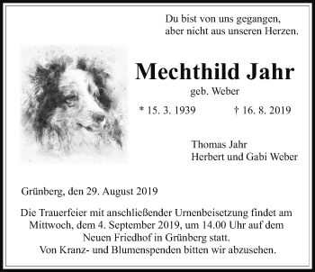 Traueranzeige von Mechthild Jahr von Heimatzeitung Grünberg + Laubach