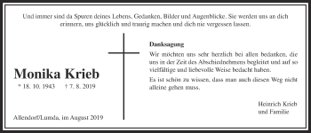 Traueranzeige von Monika Krieb von Allendorfer Mitteilungen