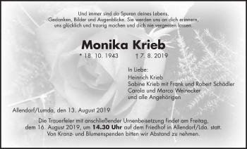 Traueranzeige von Monika Krieb von Giessener Allgemeine, Alsfelder Allgemeine