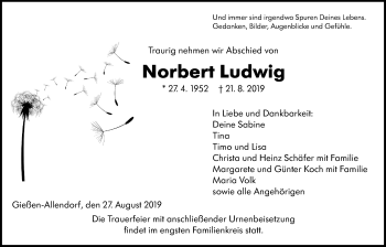 Traueranzeige von Norbert Ludwig von Giessener Allgemeine, Alsfelder Allgemeine