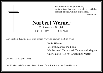 Traueranzeige von Norbert Werner von Giessener Allgemeine, Alsfelder Allgemeine