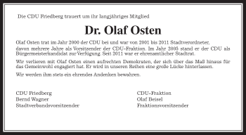 Traueranzeige von Olaf Osten von Wetterauer Zeitung