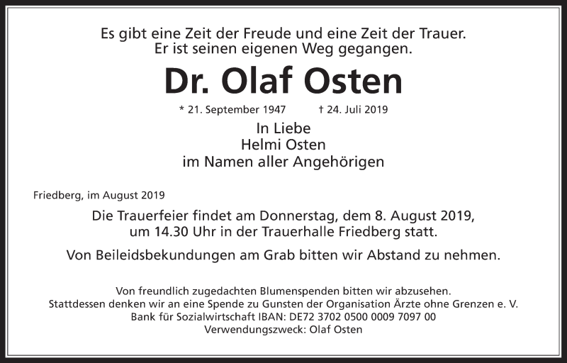  Traueranzeige für Olaf Osten vom 03.08.2019 aus Wetterauer Zeitung