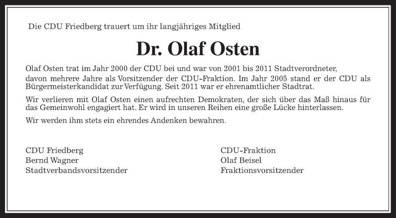  Traueranzeige für Olaf Osten vom 03.08.2019 aus Wetterauer Zeitung