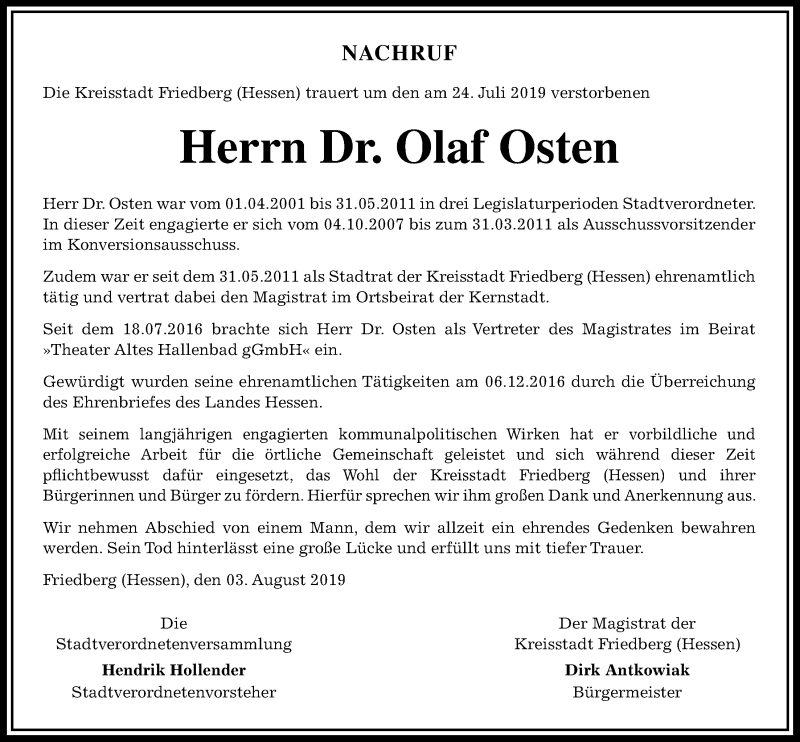  Traueranzeige für Olaf Osten vom 03.08.2019 aus Wetterauer Zeitung