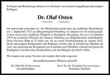 Traueranzeige von Olaf Osten von Wetterauer Zeitung
