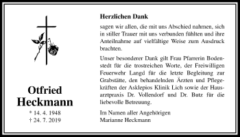Traueranzeige von Otfried Heckmann von Licher Wochenblatt