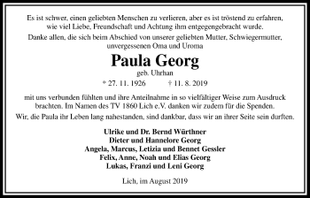 Traueranzeige von Paula Georg von Licher Wochenblatt