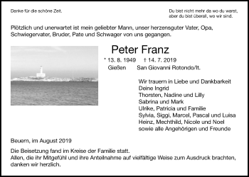 Traueranzeige von Peter Franz von Giessener Allgemeine, Alsfelder Allgemeine