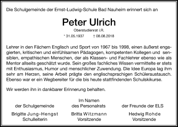 Traueranzeige von Peter Ulrich von Wetterauer Zeitung