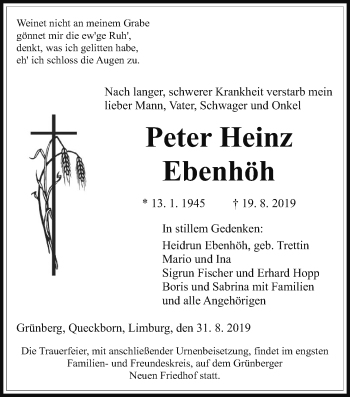 Traueranzeige von Peter Heinz Ebenhöh von Giessener Allgemeine, Alsfelder Allgemeine