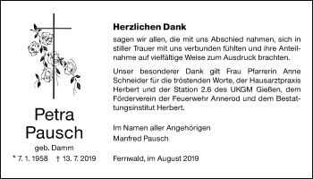 Traueranzeige von Petra Pausch von Giessener Allgemeine, Alsfelder Allgemeine