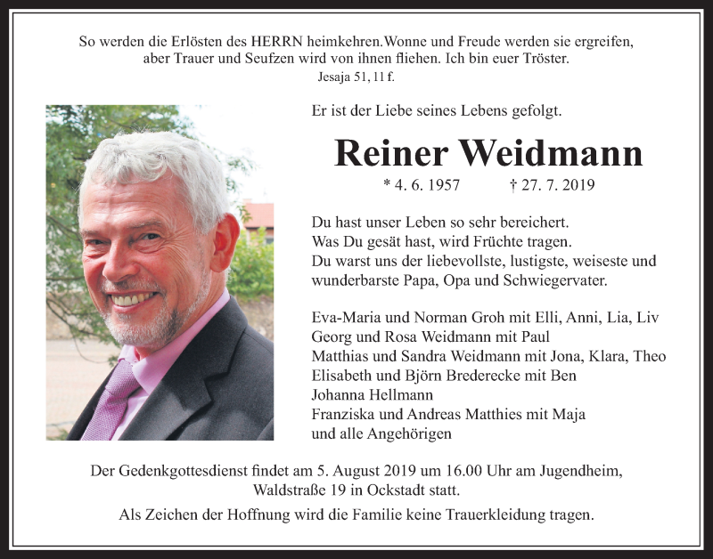  Traueranzeige für Reiner Weidmann vom 01.08.2019 aus Wetterauer Zeitung