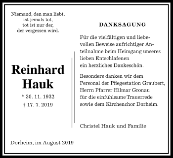Traueranzeige von Reinhard Hauk von Wetterauer Zeitung