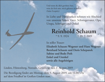 Traueranzeige von Reinhold Schaum von Giessener Allgemeine, Alsfelder Allgemeine