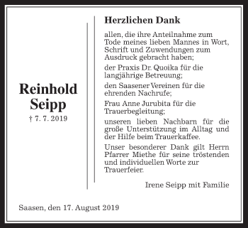 Traueranzeige von Reinhold Seipp von Giessener Allgemeine, Alsfelder Allgemeine