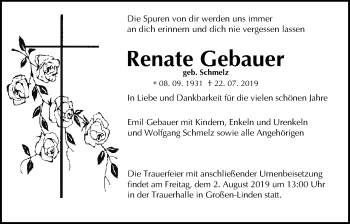 Traueranzeige von Renate Gebauer von Giessener Allgemeine, Alsfelder Allgemeine