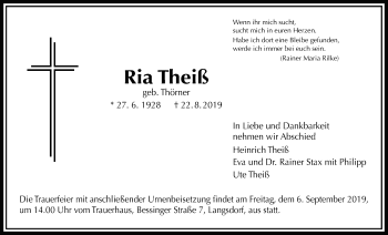 Traueranzeige von Ria Theiß von Licher Wochenblatt