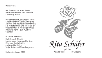Traueranzeige von Rita Schäfer von Wetterauer Zeitung